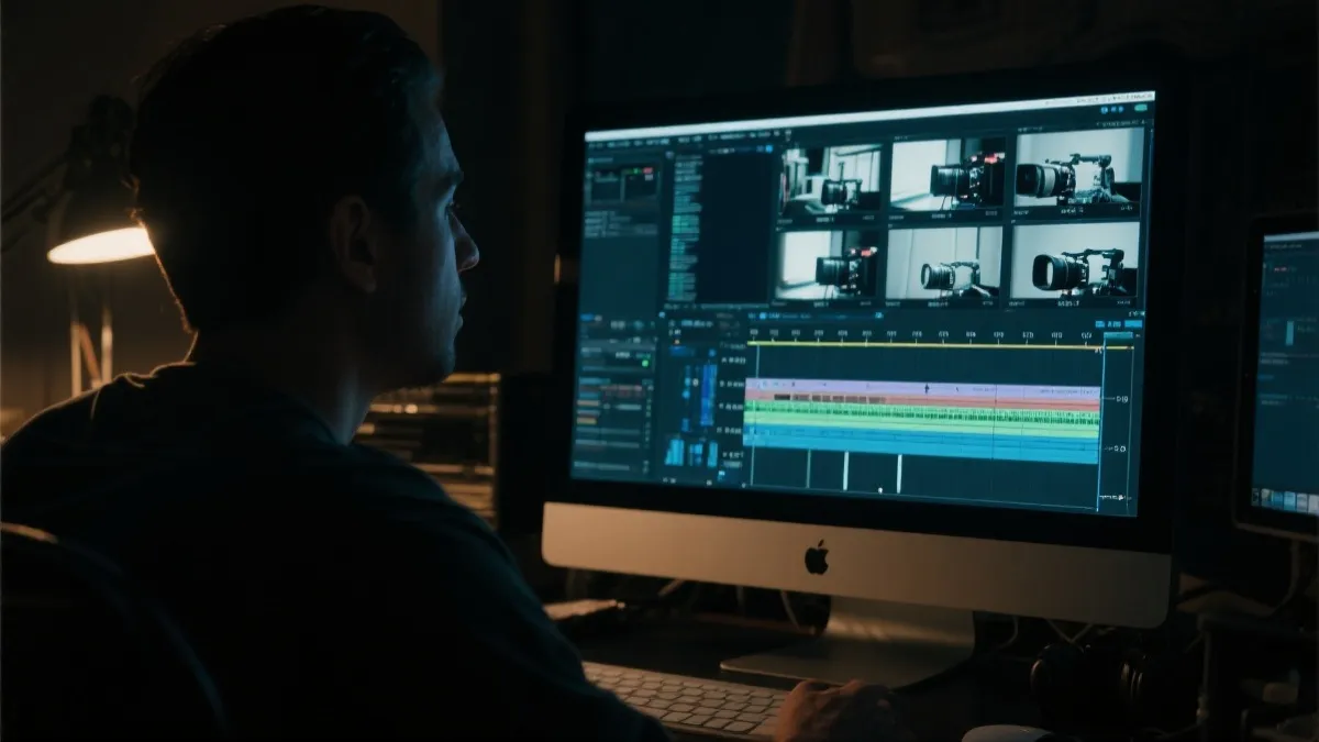剪辑师在深夜的电脑前处理时间线与多机位素材